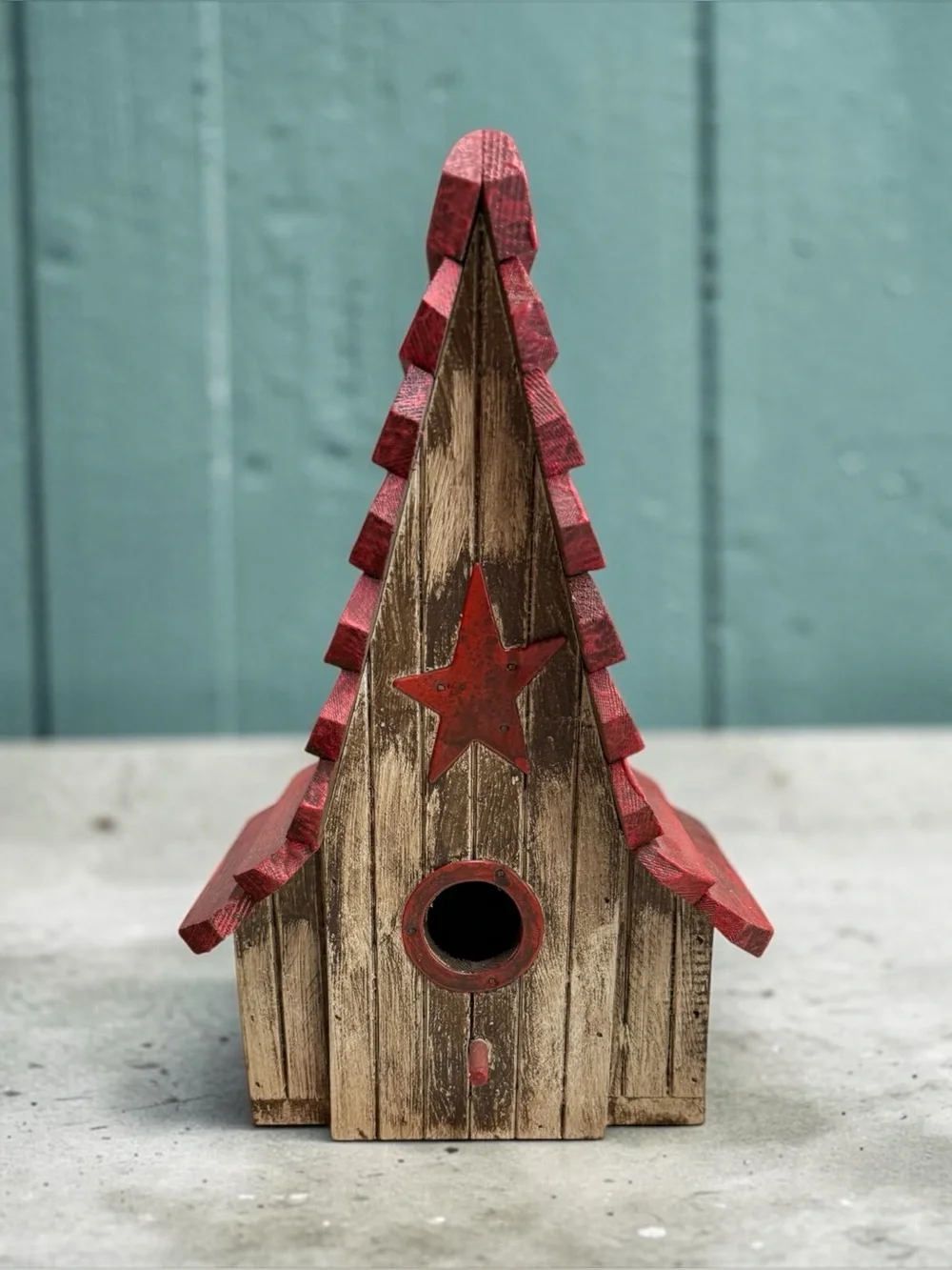CURATED Rustic Wooden Birdhouse with Red Star
